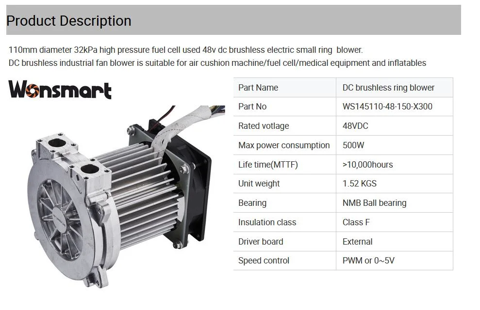 Medical Air Blower 110mm Diameter 32kpa High Pressure Fuel Cell Used 48V DC Brushless Electric Small Ring Blower